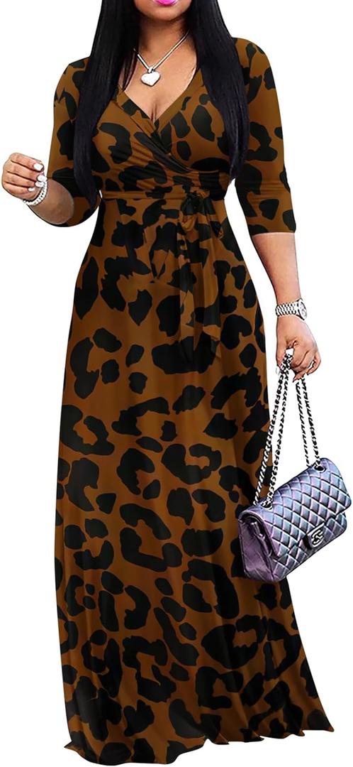 Yajedo Womens Casual Summer Maxi Dress Plus Size Sexy Wrap V Neck 3/4 Sleeve Sundress with Pockets. M Size