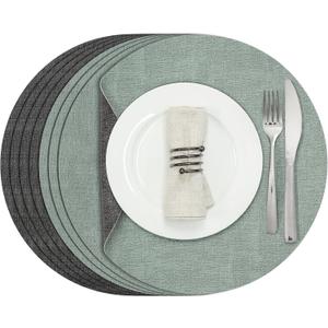 Myir JUN Round Placemats Dual Sided, Faux Leather Place Mats Set of 8 Indoor for Dining Table Outdoor Non-Slip Washable Table Mats (Set of 8, Gray Sage Green)