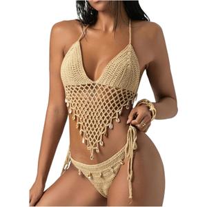 MakeMeChic Women's Boho Hollow Out Halter Bikini Sets Shell Crochet Summer Beach Swimsuit Bathing Suit (Medium, Khaki)