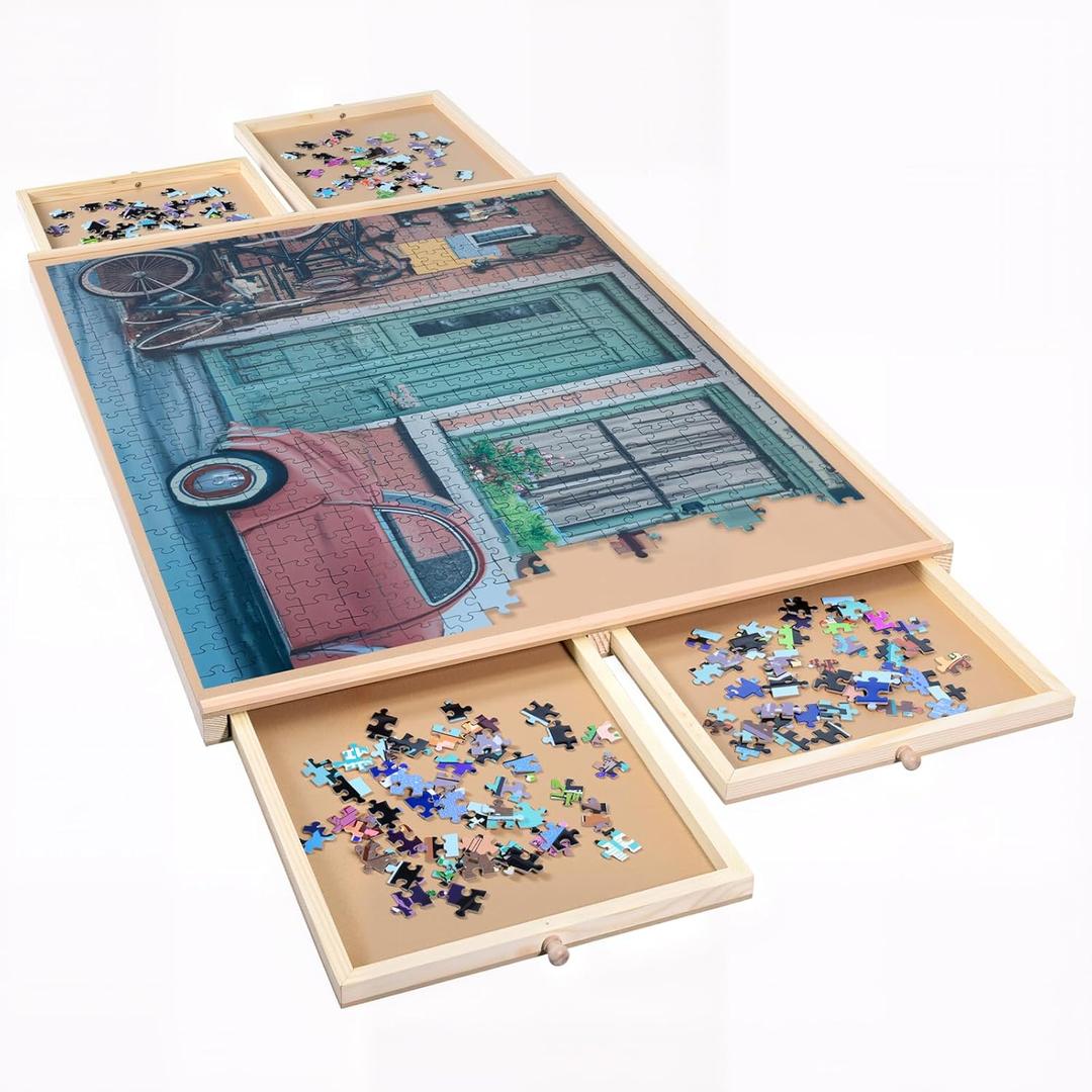 Wooden Puzzle Board with 4 Sliding Drawers - 25" x 19" Jigsaw Puzzle Organizer for 300 & 500 Pieces - Portable Smooth Surface Puzzle Table for Adults and Seniors