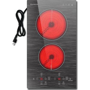 Karinear 2 Burner Electric Cooktop 110V, 12 Inch Countertop & Built-in Electric Stove Top, Plug-in Ceramic Cooktop with Child Safety Lock, Timer, Pause, Smooth Glass Surface with Beautiful Pattern(A)