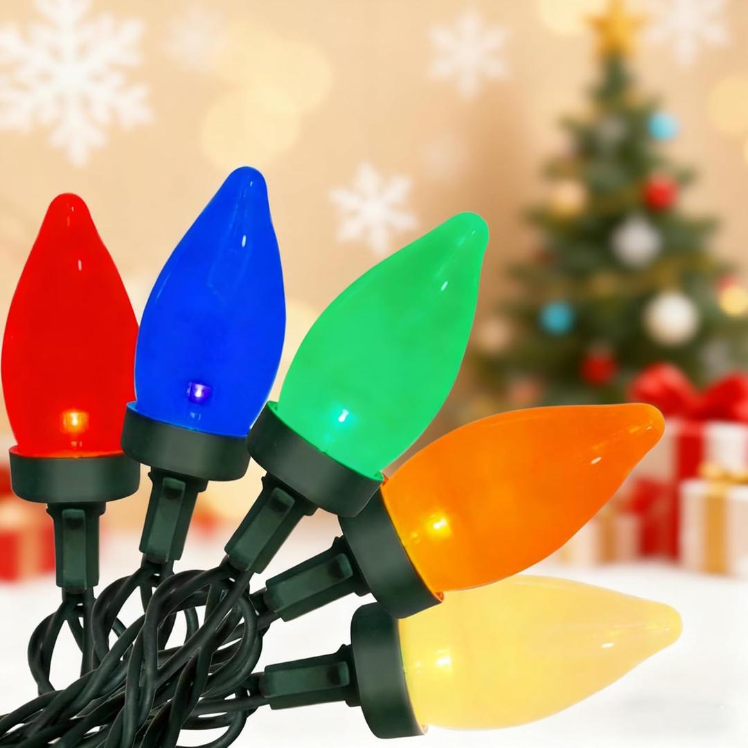 C7 LED Christmas String Lights,26FT Outdoor Christmas Lights with 50 LED Xmas Colorful Warm White Bulbs, Vintage Xmas Lights Outdoor Decorate Tree/Garden/Party/Room (Multicolor(50light-glossy))