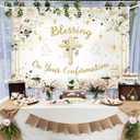 MEHOFOND Blessing On Your Confirmation Backdrop, White Floral Confirmation Decorations Banner with Gold Cross Dove, First Holy Communion Christening Party Photo Booth 6x3.6ft