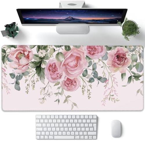 XXL Mouse Pad, Pink Peony Flowers Eucalyptus Green Leaves Large Desk Mat for Desktop, Extended Large Gaming Mouse Pad Mouse Mat with Non-Slip Rubber Base Stitched Edges for Home Office 35.4"X15.7"