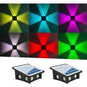 Solar Wall Lights, Up and Down Lighting Solar Outdoor Light Waterproof IP65, Solar Fence Light for Yard Garden Garage Pools Deck (8LED-Multi-Colored, 2PACK)