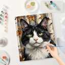 Tuxedo Cat Paint by Numbers Kit for Adults - DIY Black and White Cat in Autumn Forest Painting on Canvas 16x20In, Framed Acrylic Paint Set, Suitable for Beginners, Art for Home Decoration or Gifts