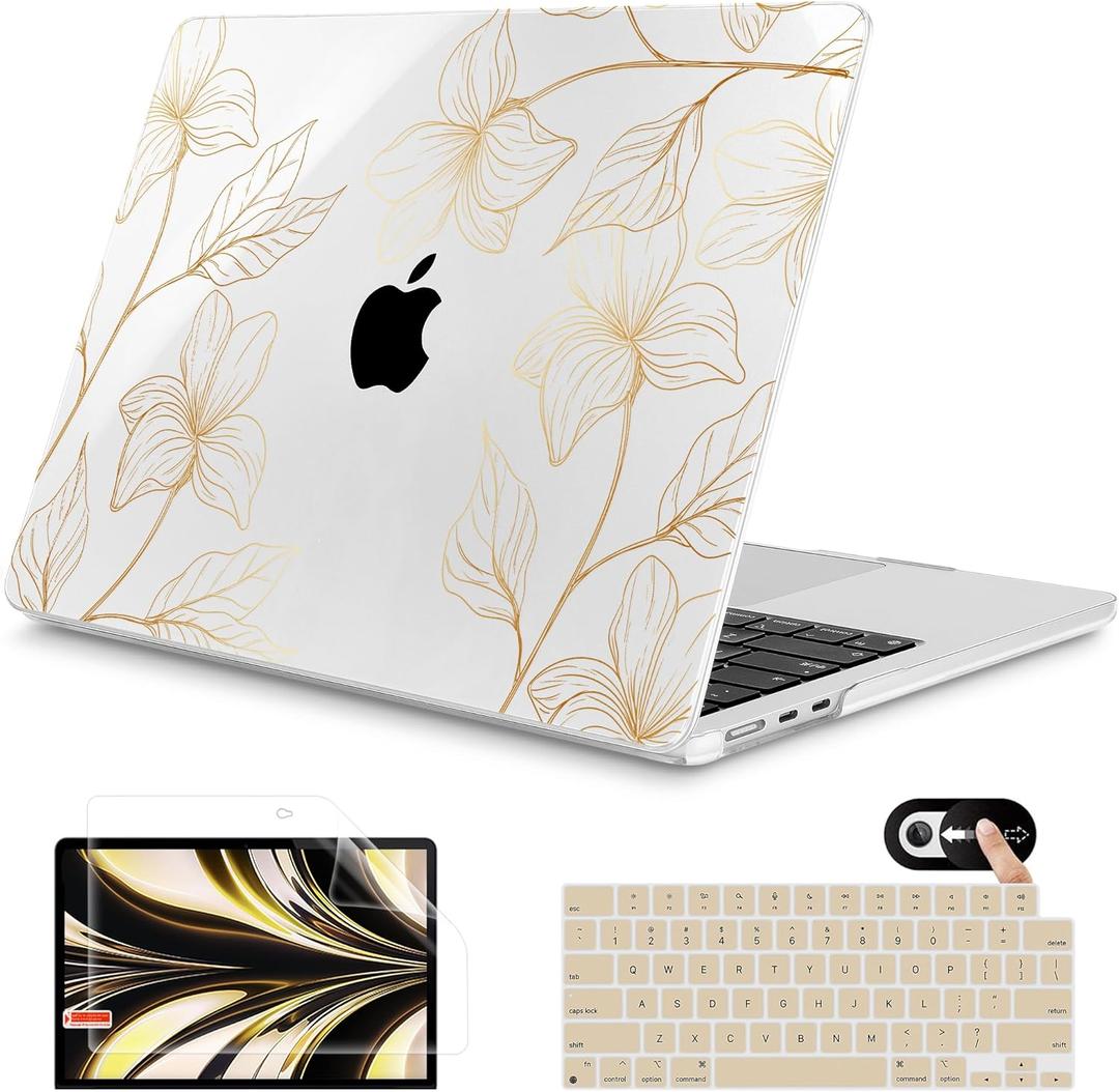 Mektron for 2026 MacBook Air 13-inch M5 Laptop Case A3449 with 13.6-inch Liquid Retina Display Fits 2025 A3240 M4 2024 A3113 M3 2023 A2681 M2 Printed Shell for MacBook Air 13.6", Gold Flower S718