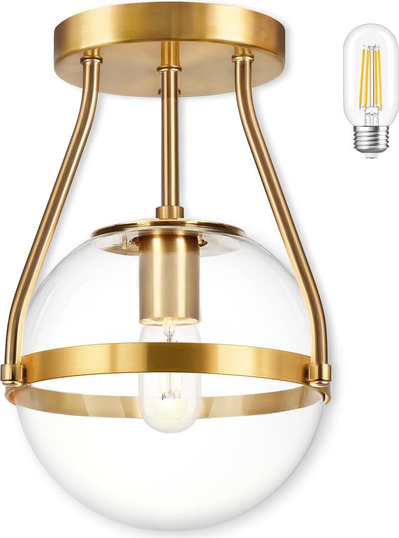 Bagood 8 Inch Mid Century Ceiling Light Modern Gold Semi Flush Mount Ceiling Light with Clear Glass Shade Globe Semi Flush Mount Ceiling Light Fixture for Bedroom Hallway Bathroom Foyer (Bulb Incl.)