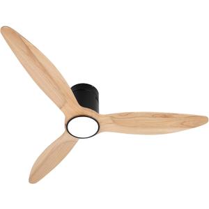 Wood Flush Mount Ceiling Fan with Light,52 inch Low Profile Modern Ceiling Fans for Outdoor/Patios/Bedroom/Office,3 color light,6 Speed,DC Motor,Wood and Modern Matte Black