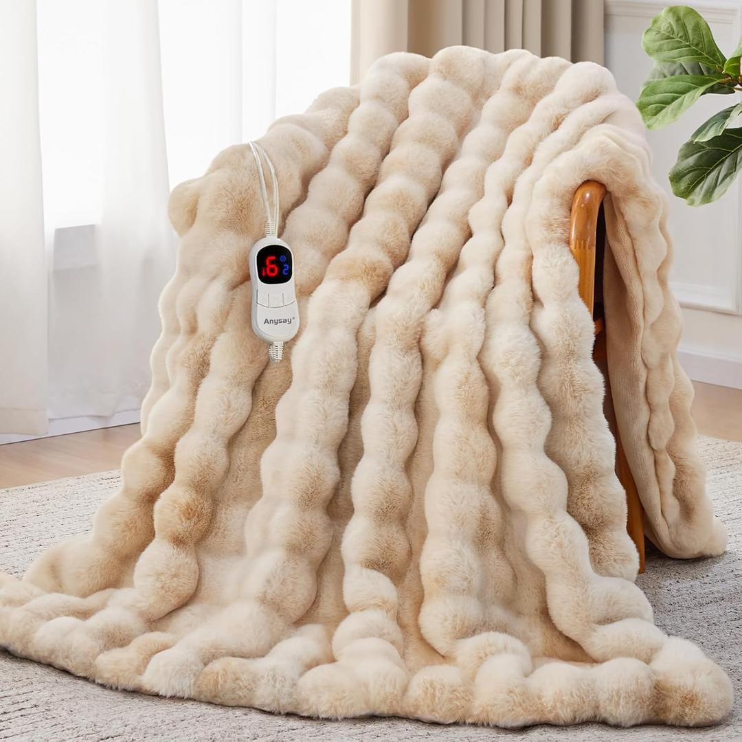 Heated Blanket Throw with 1/2/4/6/8 Hours Auto-Off 10 Heat Level, 50'' * 60'' Cozy Faux Rabbit Fur Bubble Electric Blanket with Overheat Protection(Beige) (Tie-dye Beige)