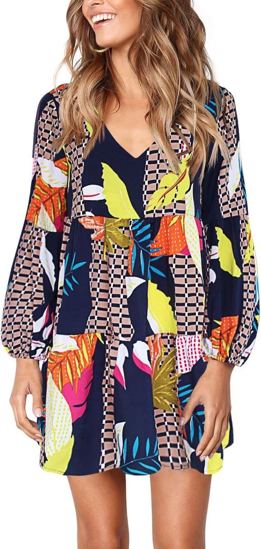 Amoretu Womens Tunic Dress Long Sleeve V Neck Casual Loose Flowy Swing Shift Dresses (M)