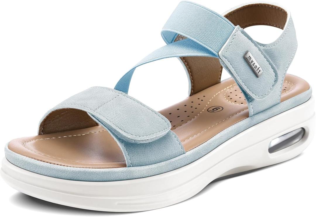 mysoft Women's Summer Walking Sandals Air Cushion Support Platform Ankle Strap Shoes Comfortable Casual Wedge Sandals (6.5 Wide, Light Blue)