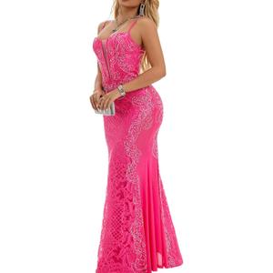 Floral Embroidered Formal Prom Dresses for Women Long Evening Gowns Overlay Appliques Lace Up Evening Maxi Dress (X-Large, 488pink)