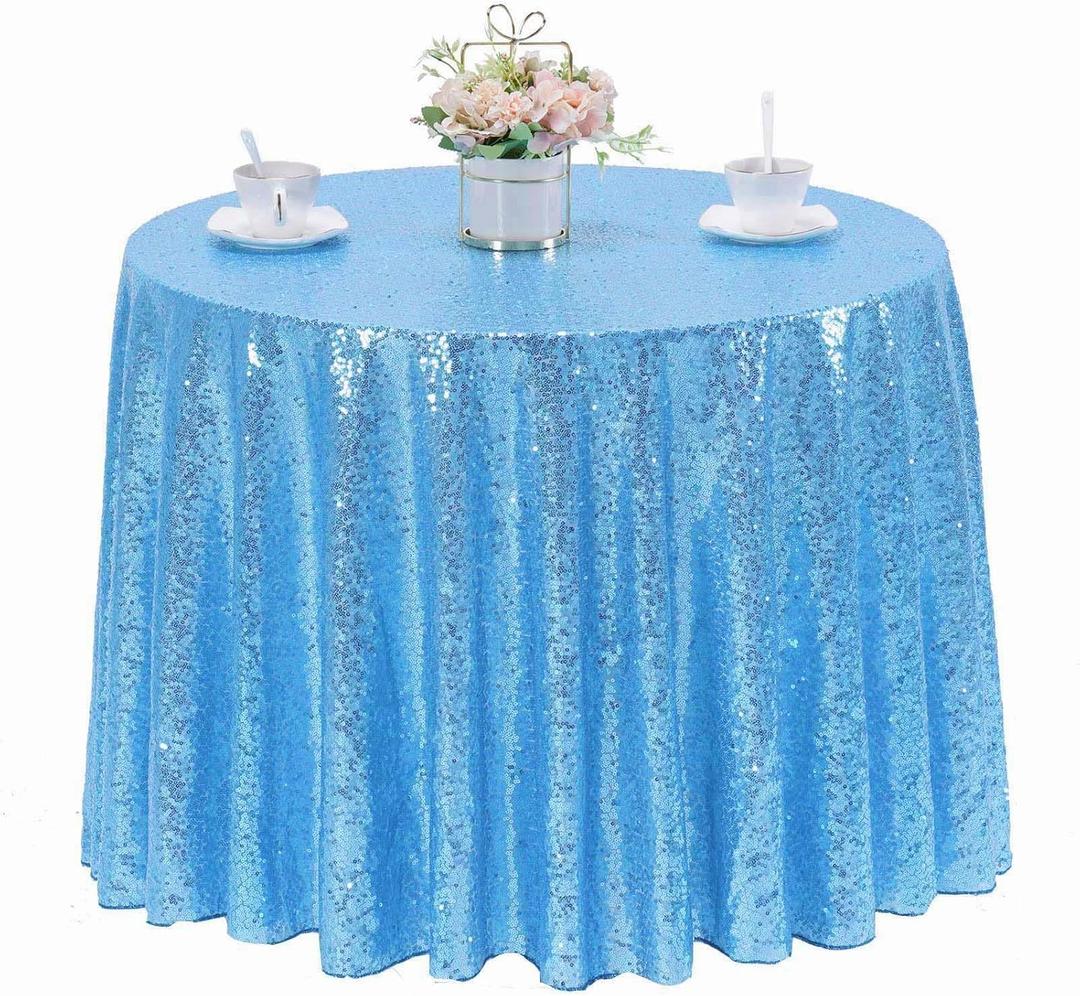 Baby Blue Sequin Tablecloth 72" Round Glitter Table Cover Metallic Sequence Table Clothes for Birthday Party Baby Shower Wedding