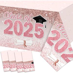 ssailue decor Pink Graduation Decorations Class of 2025 Tablecloth,4 Pieces 2025 Graduation Party Tablecloth, Class of 2025 Graduation Plastic Disposable Table Cover Party Supplies