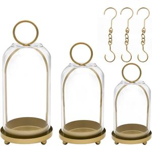 3 Pack Metal Candle Holders with Glass Dome, 5.5" & 4.7" & 3.9" Wide Gold Candlestick Holders Set, Versatile Hurricane Lanterns Candleholders for Pillar Candle, Decorative Glass Display Dome Stands