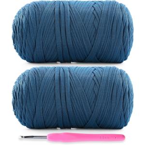 2 Pack Soft T-Shirt Yarn for Crochet, T Shirt Yarns for Crocheting Crafts, Bags, Basket, Coaster, Tshirt Yarns - 800 G/260 Yds with 1 Crochet Hook (2, Denim Blue)