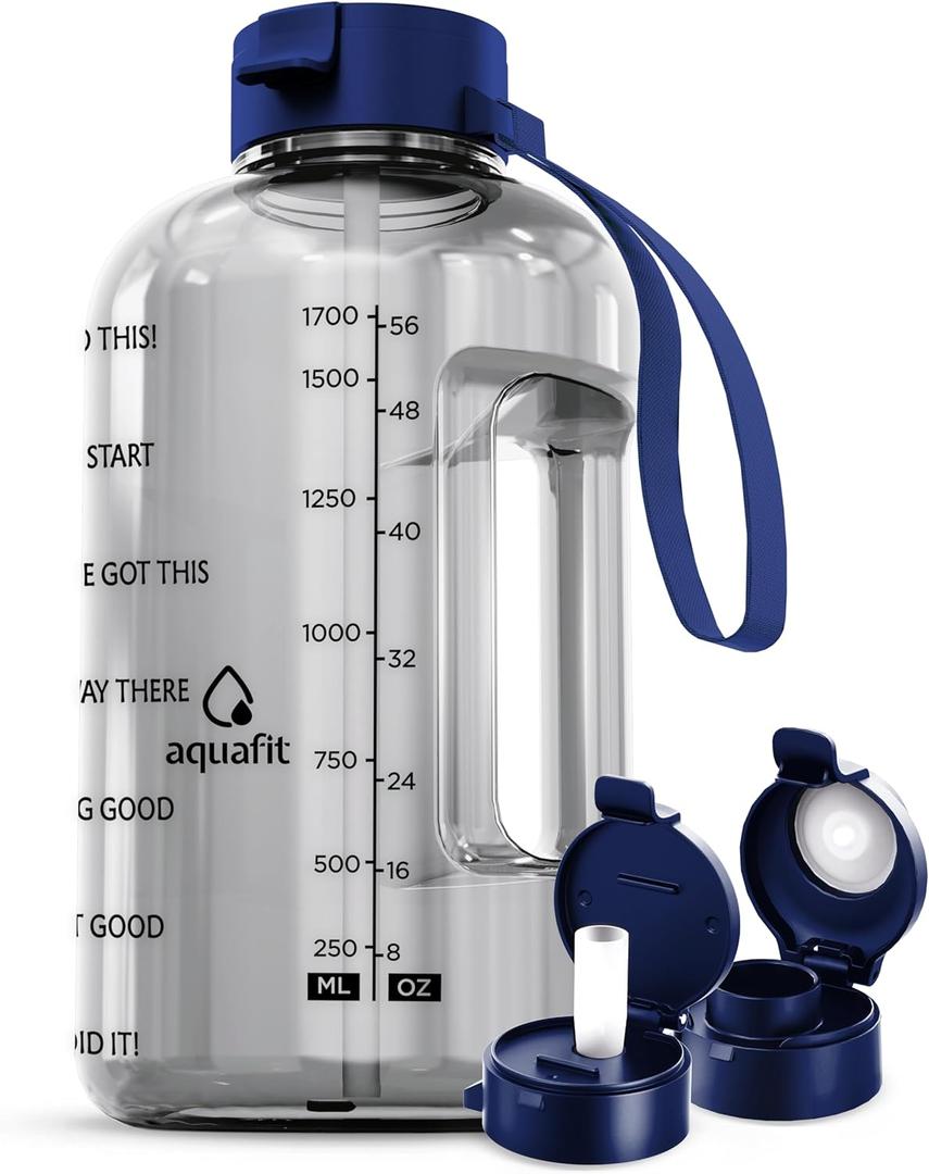 AQUAFIT Half Gallon Water Bottle with Time Marker - Straw & Chug Lid - BPA Free Gym Water Bottle with Straw - Big Gallon Jug (Clarity, 64 oz - 2 Lids)