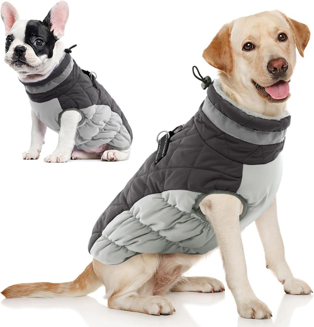 AOFITEE Dog Coat, Warm Dog Winter Coat, Reflective Cold Weather Dogs Puffer Jacket with Harness Built in, Waterproof Pet Fleece Vest Snowsuit for Small Medium Large Dogs, Grey L