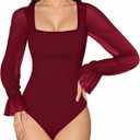 MANGOPOP Square Neck Long Sleeve Short Sleeve Bodysuit for Women Mesh Ruffle Sleeves Going Out Tops (Small)