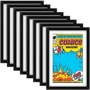 Geetery 8 Pack Comic Book Frame, UV Protection, Comic Picture Magazine Frames Fits Current up to 6 3/4 x 10 1/4, Wall or Tabletop Display with Spring Clips Installed Hangers(Black (White Mat))