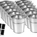12 Metal Buckets with Chalkboard Stickers, Small Galvanized Pail for Party and Wedding, 5 Inch Tin Buckets, Garden Planters, (tie Tong)
