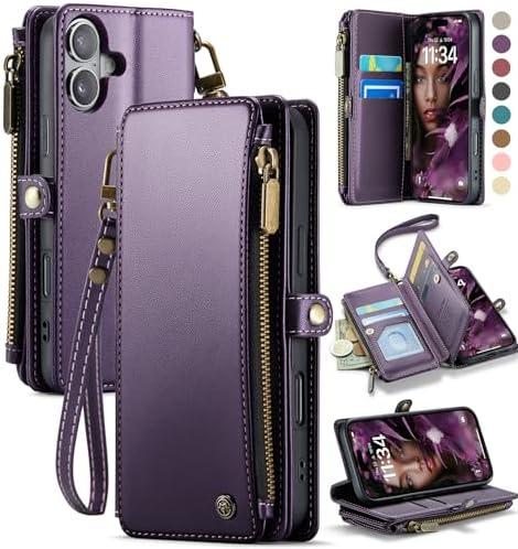 Defencase Compatible with iPhone 16 Case Wallet with RFID Blocking Card Holder for Women and Men, Fashion PU Leather Magnetic Snap Flip Zipper Strap Wallet Phone Case for iPhone 16 6.1", Purple