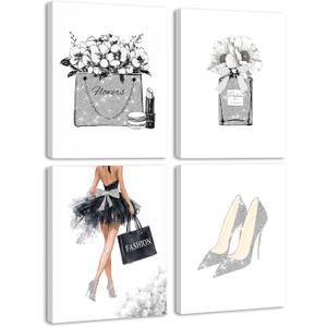 Drsoum Glam Fashion Bathroom Decor Gray Framed Beauty Girly Elegantes Bathroom Wall Art Glitter Tissue Pictures Modern Aesthetics Ready to Hang Set of 4, 8x10 in (Framed)