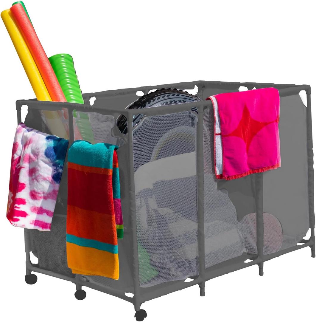 Modern Blue Pool Storage Bin - XX-Large | Nylon Mesh Basket Organizer For Your Goggles, Beach Balls, Floats, Swim Toys & Accessories | Air Dry Quickly & Easily Roll To Your Home Garage or Shed, Gray