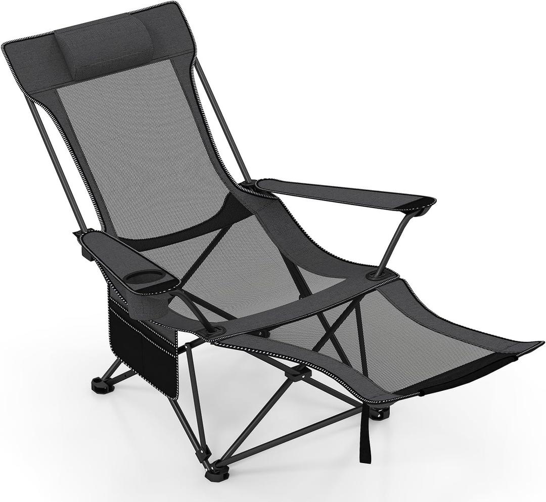Reclining Camping Chair with Foot Rest, Folding Lounge Chair for Adults, w/Adjustable Backrest, Storage Bag & Cup Holder, Portable Recliner Beach Chair Outdoor Camp Picnics, 330 LBS (1, Grey)