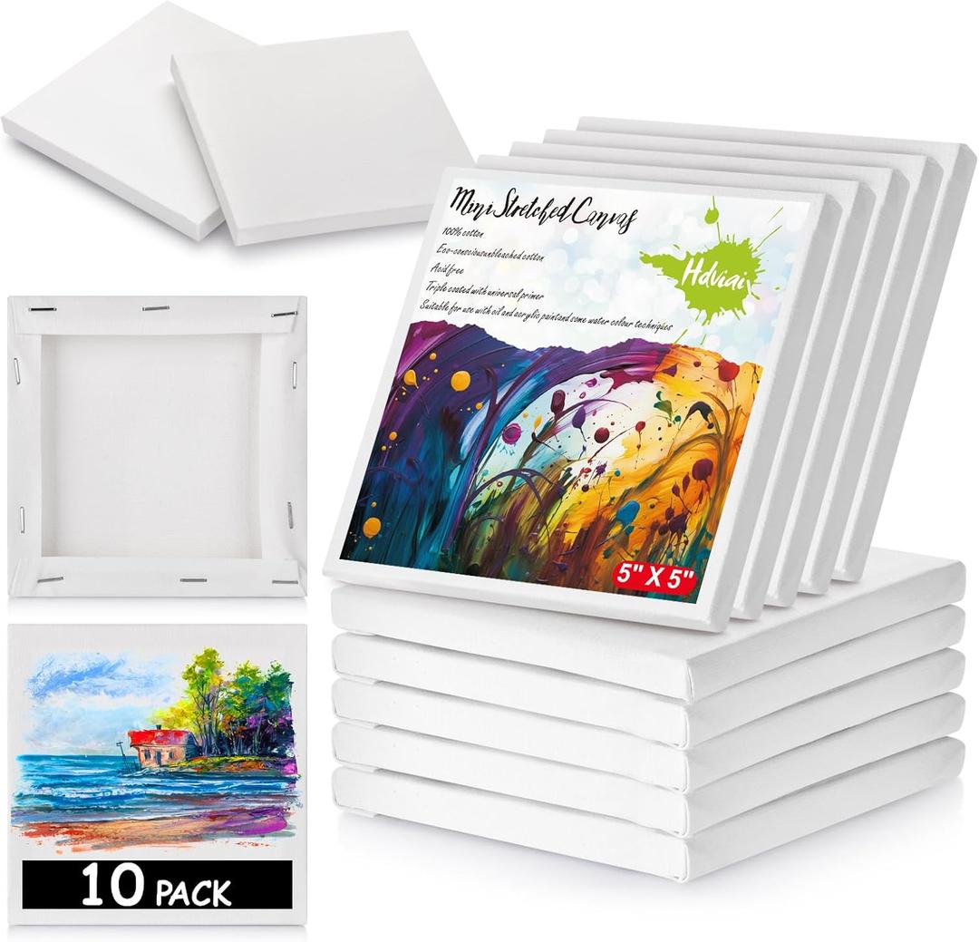 10PCS Mini Canvases for Painting  5 x 5 in Bulk Small Square Stretched Canvases, 2/5 in Thick Blank Canvas for Students, Art Supplies, School & Home Crafts