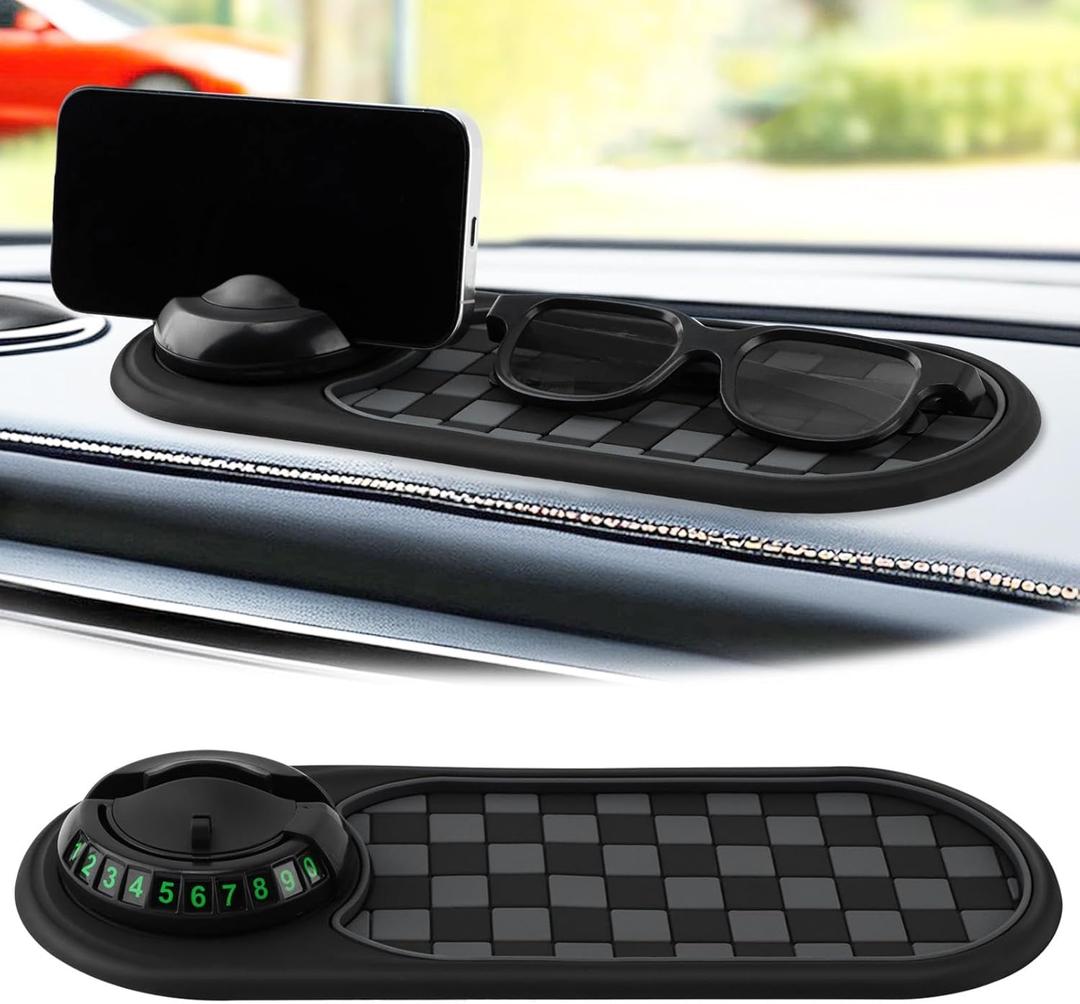 Multifunction Car Anti-Slip Mat, Car Dashboard Mobile Phone Holder, Anti Slip Mat Phone Holder and Temporary Parking Number Pad - Secure Storage for Sunglasses, Keys, Gadgets (Black/Silver)