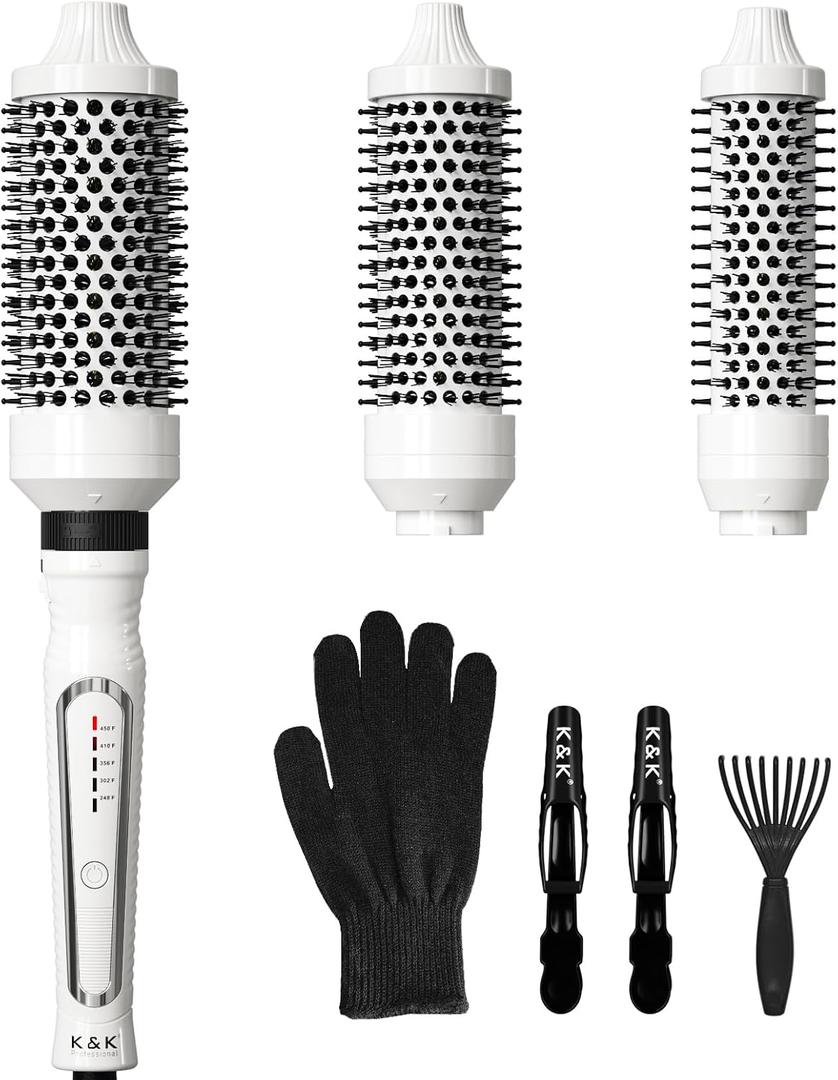 K&K 3 in 1 Thermal Brush Set, Ceramic Hot Brush, Fast Heating Curling Wand for Short, Medium & Long Hair, 5 Temperature Adjustment, Dual Voltage