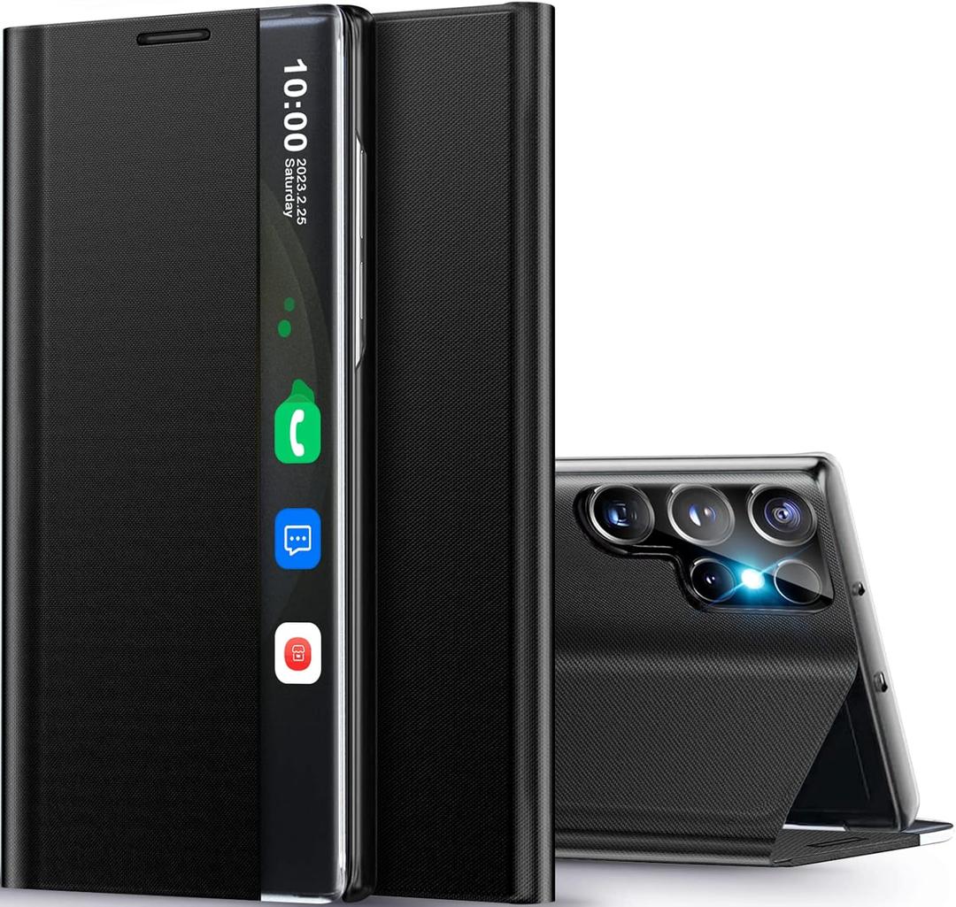 for Samsung Galaxy S23 Ultra 5G Case, Clear View Window Luxury Slim Mirror for S23 Ultra Case with Kickstand, Leather Hard PC Flip Protective Cover for Samsung S23 Ultra 5g Phone Case (Classic Black)