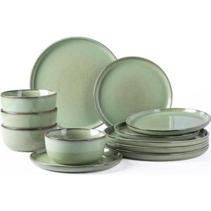GBHOME Ceramic Dinnerware Sets for 4, 12 Pieces Stoneware Plates and Bowls Sets, Scratch Resistant Dishes, Dishwasher & Microwave Safe-Pastel Green
