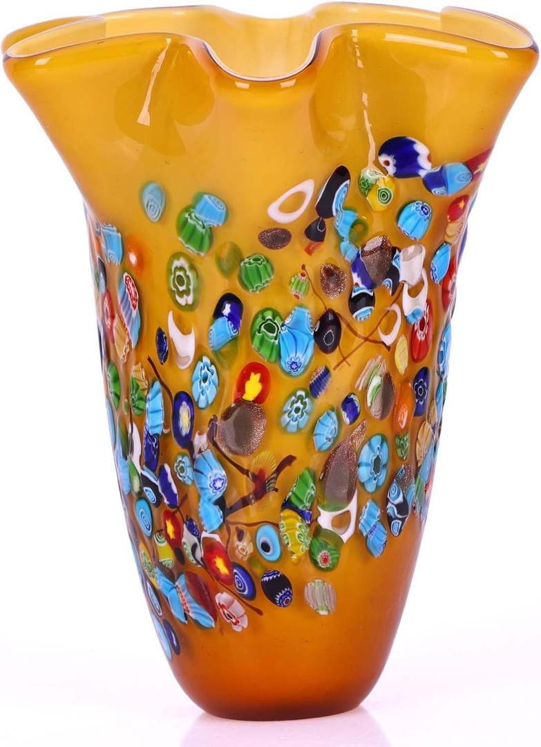 DOVDOV Handmade Glass Blown Orange Wide Mouth Irregular Vase, Modern Art Decoration for Home Office Living Room Dining Table Centerpiece