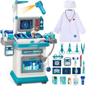 Doctor Kit for Toddlers 3-5, Pretend Doctors Play Set with Cart, Costume and Stethoscope for Kids Aged 3 4 5, Role Play Medical Toys for Girls Boys, Christmas Birthday Educational Gift for Toddler, child-size