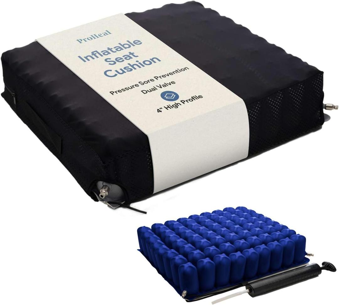 Inflatable Wheelchair Seat Air Cushion - 18" x 16" x 4" - Blow Up Seat Cushion for Pressure Sore and Ulcer Treatment - Dual Valve for Pressure Redistribution Includes Pump, Nylon Cover, and Repair Kit