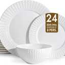 KINGSTONE Bone China Dinnerware Set, 24-Piece White Lightweight Porcelain for 8, Plates and Bowls with Rhombus patterned edge design, Microwave and Dishwasher Safe, for Family, Restaurant, Gifting