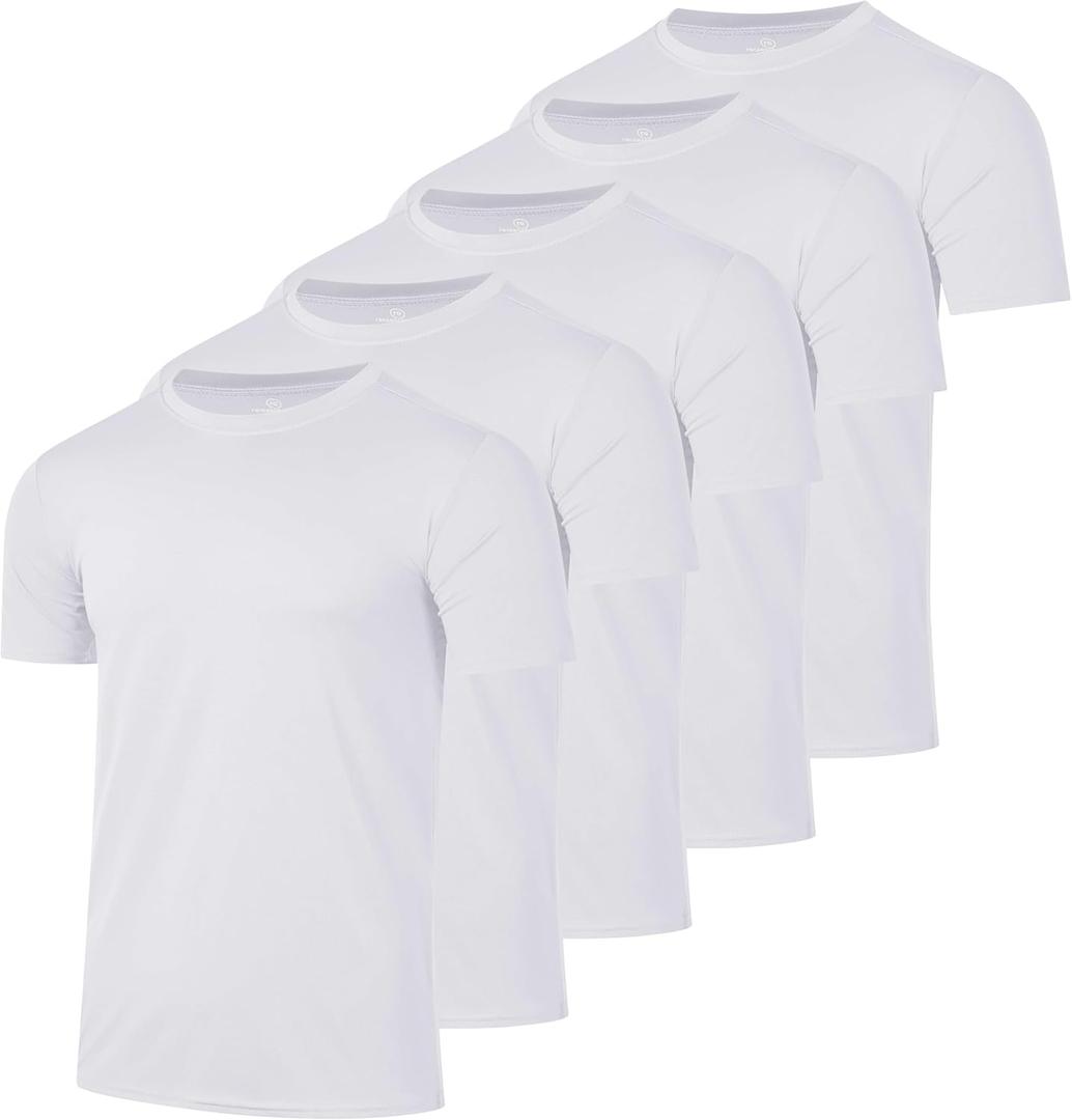 Real Essentials 5 Pack: Men's Dry-Fit Short Sleeve Crew Neck T Shirts Fitness Running Gym Workout Cool Exercise Athletic Tee (White, XL)