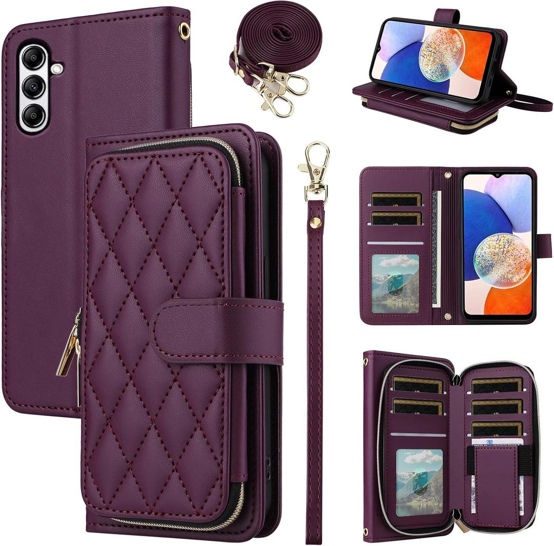 Argyle Wallet Case for Samsung Galaxy S24/S25 5G with Wrist Strap Shoulder Strap, Card Slot Zipper Purse Luxury PU Leather Stand Cell Phone Cover for S 24 24S 25 25S G5 Women Girls Deep Purple (Wine Red)