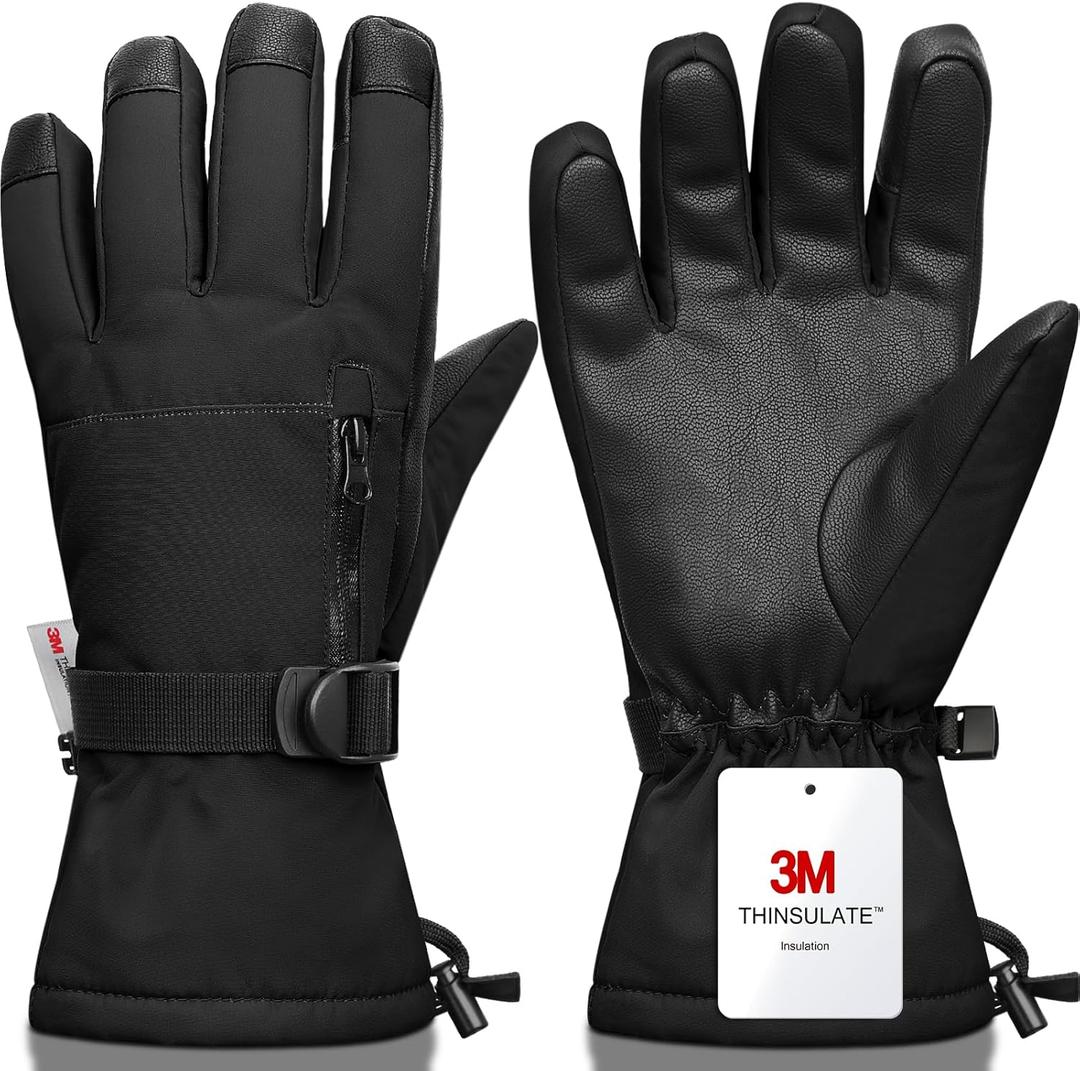 Snow Gloves,Touchscreen Ski Mittens,Warm Cold Weather Ski Gloves for Parent Boys Girls (Fit Kids11-15 Years and Women size S-M), Full Black 1)