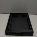Juvale 2 Pack Slip-Resistant Black Wooden Nesting Serving Trays with Stitched Faux Leather and Handles for Coffee Table in 2 Sizes (13.8x9.9x2.3, 15.8x12x2.5 in)