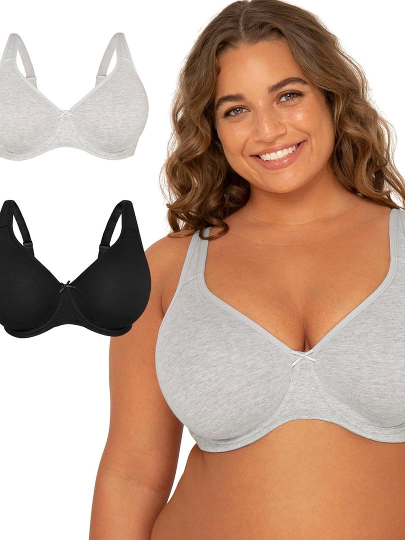 Fit For Me By Fruit of the Loom Women's Plus Size Cotton Unlined Underwire Bra-Pinch-Free Straps - Side and Back Smoothing (42G, Heather Grey/Black Hue)