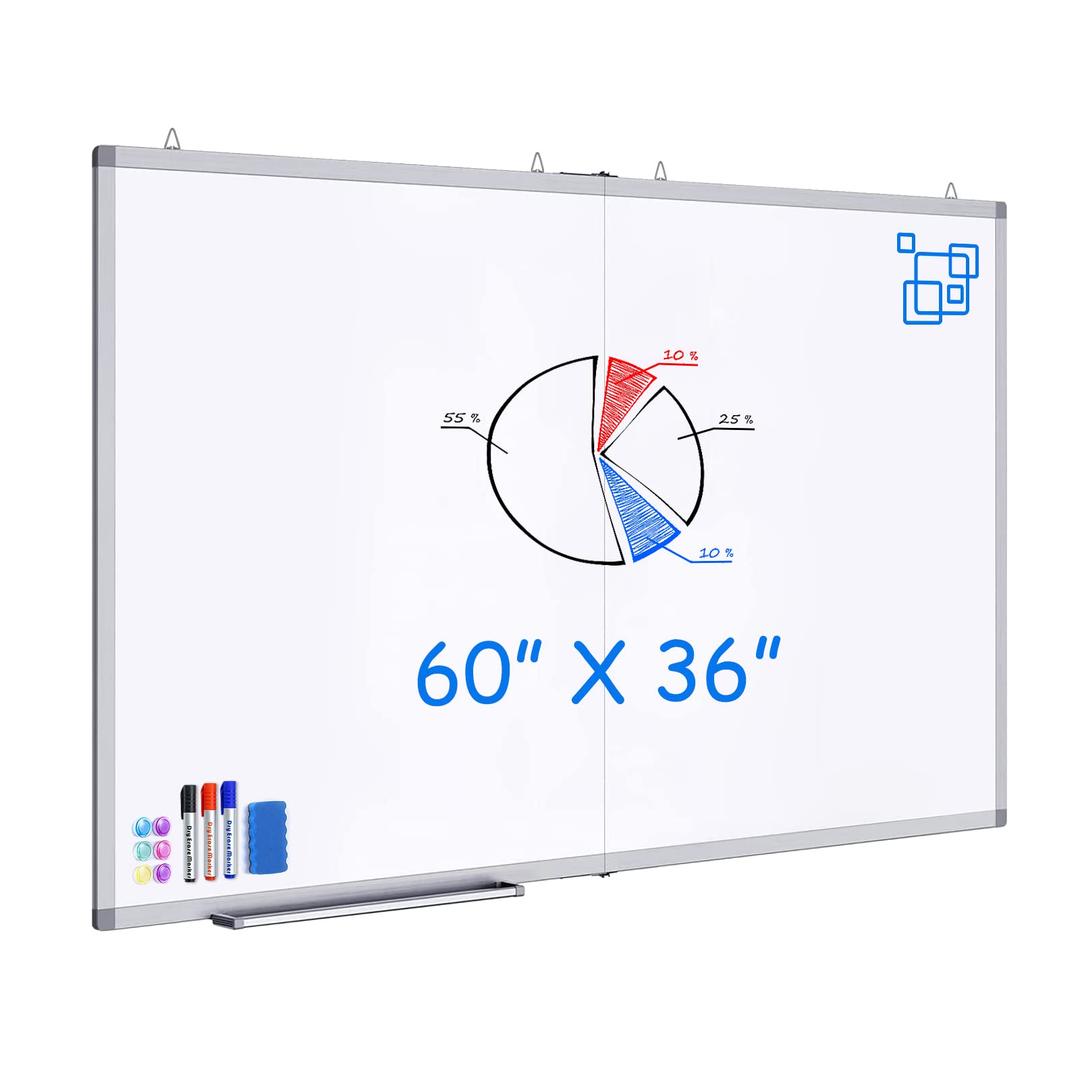 White Board Dry Erase 60x36, Maxtek Large Magnetic Whiteboard Wall Mounted | 5'x3' Foldable Aluminum Presentation Wall-Mounted Marker Board with a Long Pen Tray for School, Classroom, Office, and Home