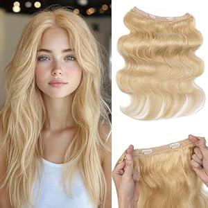 Halo Hair Extensions,S-noilite Halo Hair Extensions Real Human Hair,100% Wavy Human Hair Halo Extensions for Women 16 Inch(65g) #613 Bleach Blonde