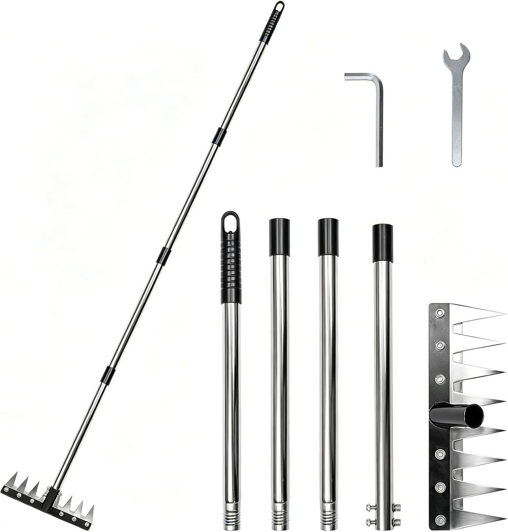 Heavy Duty Iron Weeding Rake, Complete Weed Rake Tool with 4-Section Adjustable Handle(33" to 65"), 8 Tines Thick Steel Weed Puller Tool for Raised Garden Beds, Flower Beds & Soft Soil