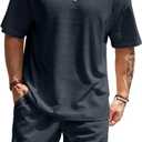 Vssjavun Mens Short Sets 2 Pieces Outfits Waffle Knit Lounge Set Short Sleeve Summer Casual Tracksuit (Large, Deep Grey)