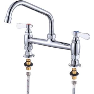 Commercial Sink Faucet with 8 Swivel Spout & Supply Lines, 8" Center Deck Mount Kitchen Faucet, Dual Handles Brass Utility Sink Faucet for Laundry Room Restaurant Compartment Sink, Polish