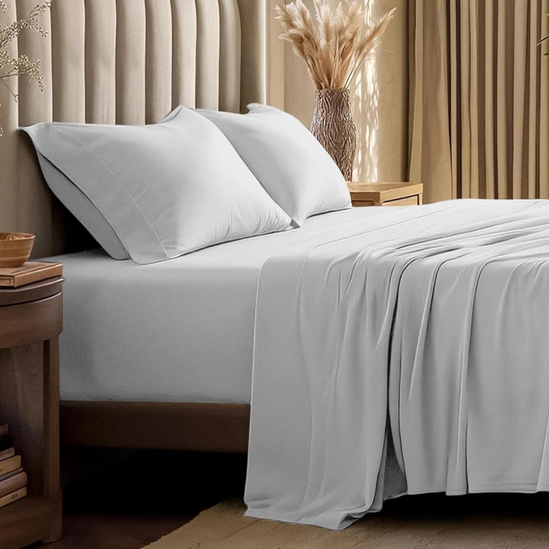 Bare Home 100% Organic Cotton Jersey Sheet Set, Ultra Soft, 100% Cotton - Sheet Set & Pillowcases - Deep Pocket Bed Sheets (Queen, Cloud Grey)